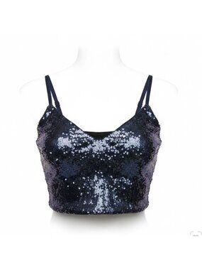 Lush Womens Navy Blue Sequin Crop Top Adjustable Straps Polyester/Nylon Size S